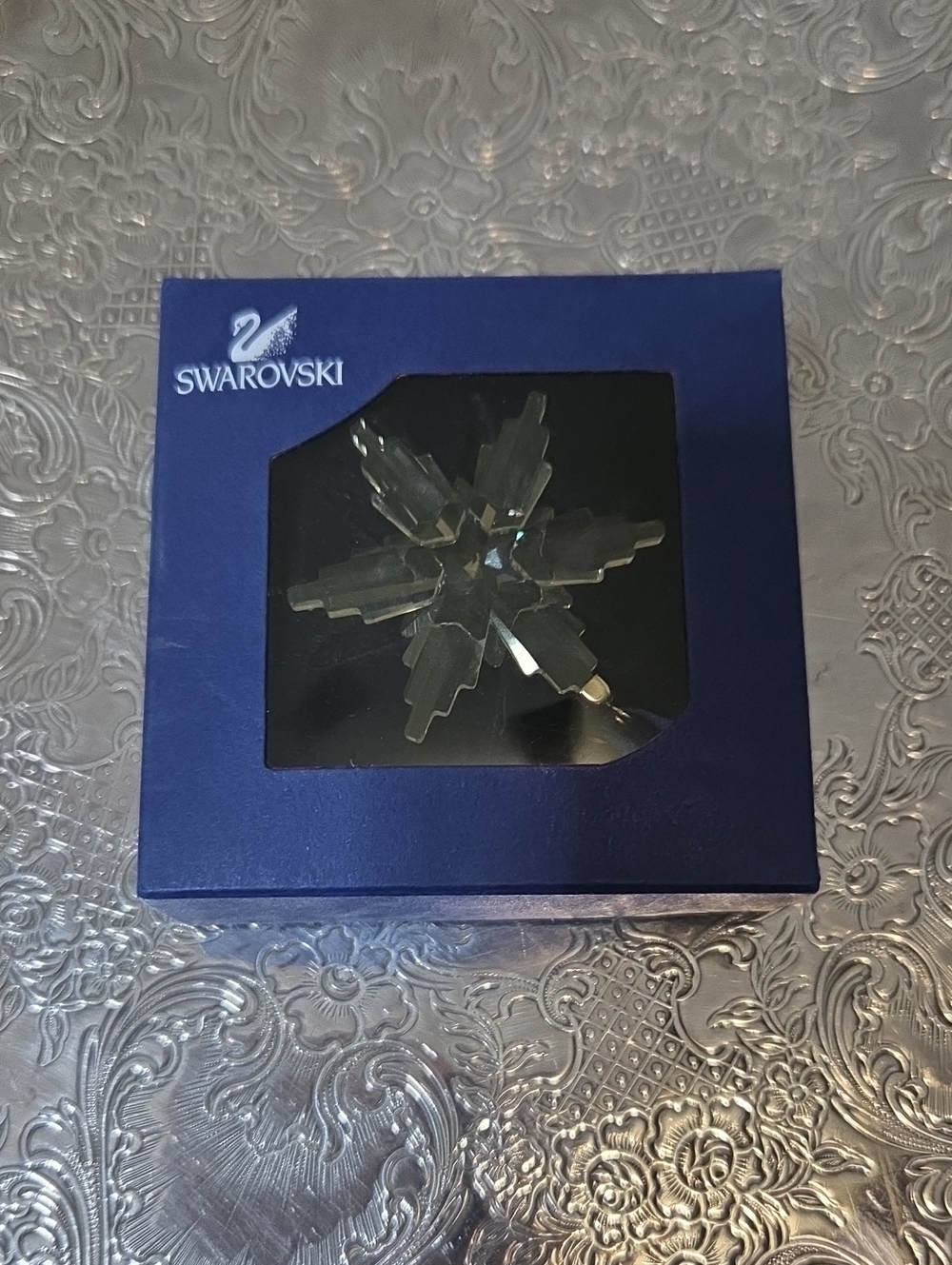 NIB Swarovski Clear Crystal Snowflake Ornament with Blue Presentation Box
